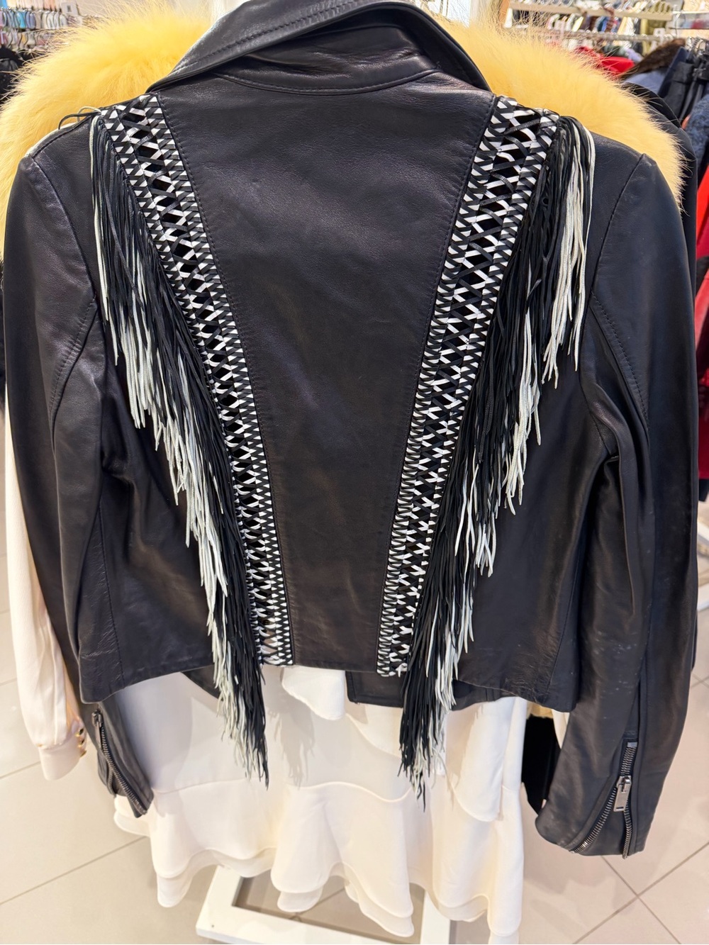 Black Leather Fringe Jacket with Monochrome Woven Panels - Women